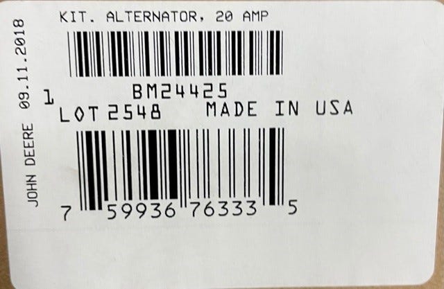 New OEM Genuine John Deere Alternator Kit, Part # BM24425