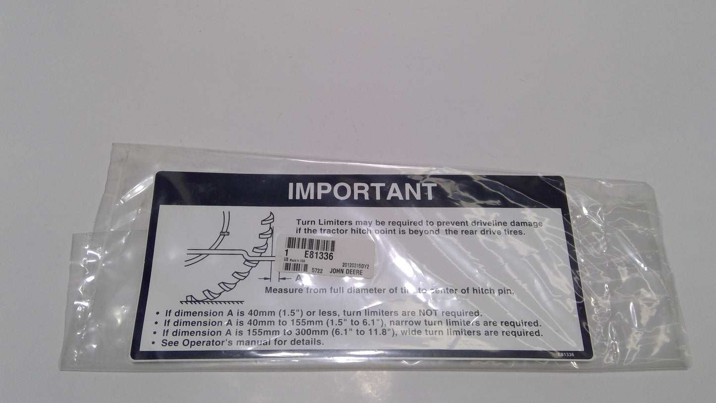 New OEM Genuine John Deere Label, Part # E81336