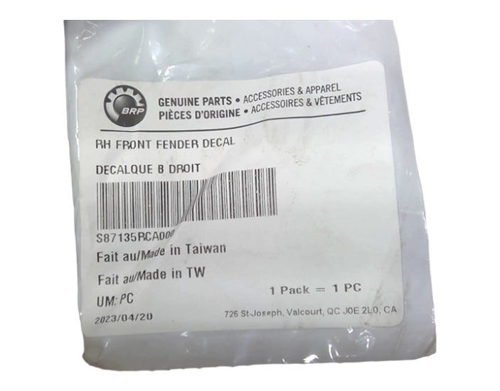 New OEM Genuine Bombardier Recreational Products, Rh Front Fender Decal - Part # S87135RCA000