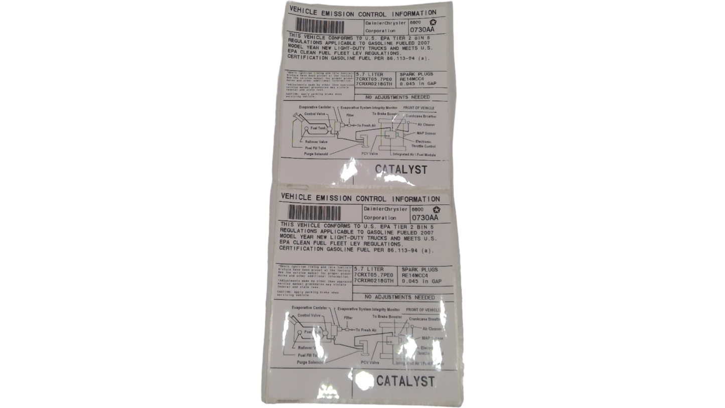 New 2007 Fits Chrysler 1500 Label-Emission - Part # 68000730AA