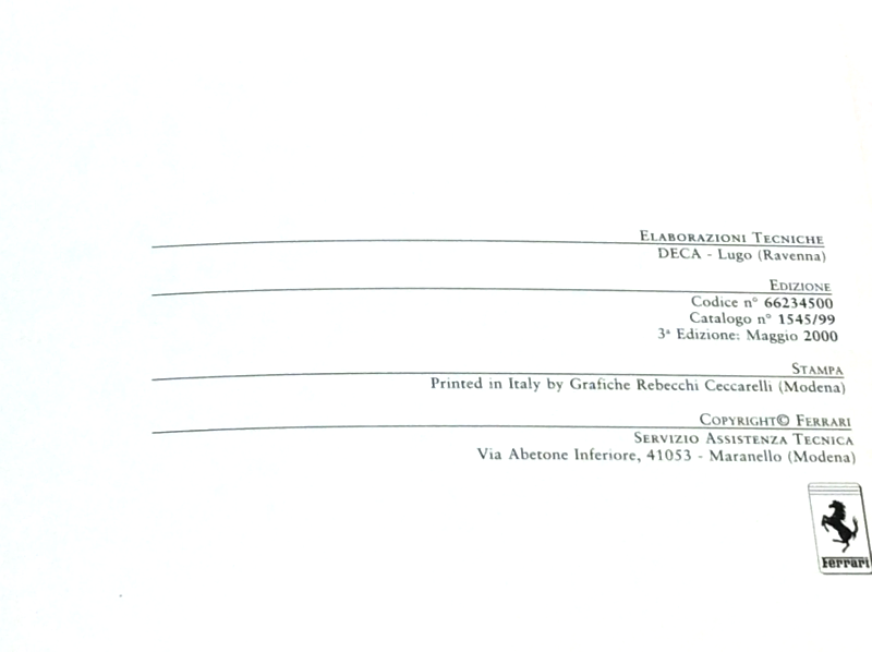 New OEM 2000 Ferrari Enzo Direct Line Service Manual Handbook Cat. # 1545/99