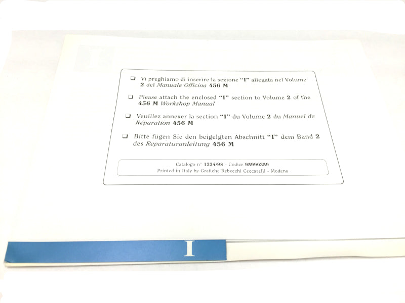 New OEM 1998 Ferrari 456M Workshop Reapir Manual A/C Inserts Section I, Cat # 1334/98