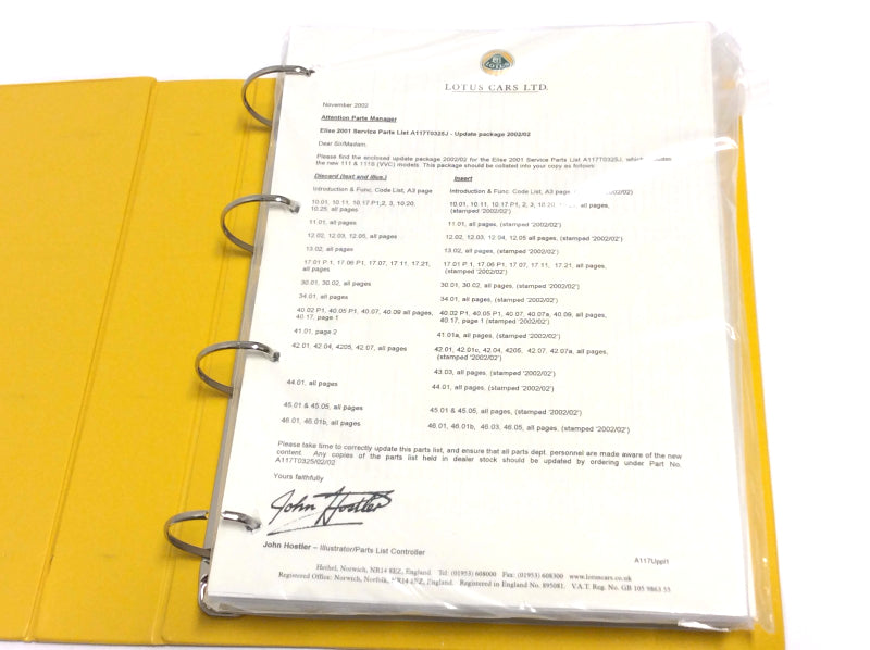 New OEM 2001 For Lotus Elise Service Parts Catalog A117T0325J