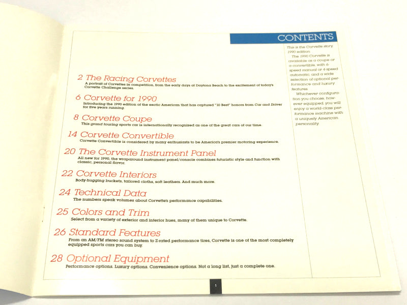OEM 1990 Chevrolet Corvette Sales Brochure Kit, Coupe, Convertible