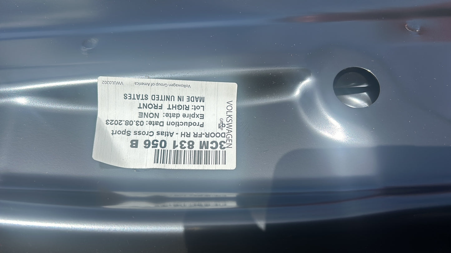 New OEM 2022-2024 VW Atlas Cross Sport, Passenger Right Front Door Exterior Panel, Part # 3CM831056B