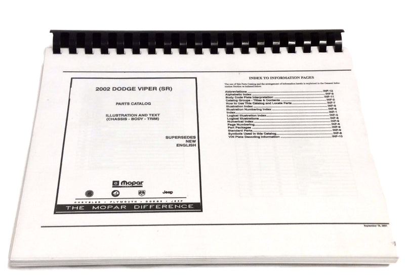 New 2002 For Dodge Viper Parts & Illustrations Manual, Spiral Bound