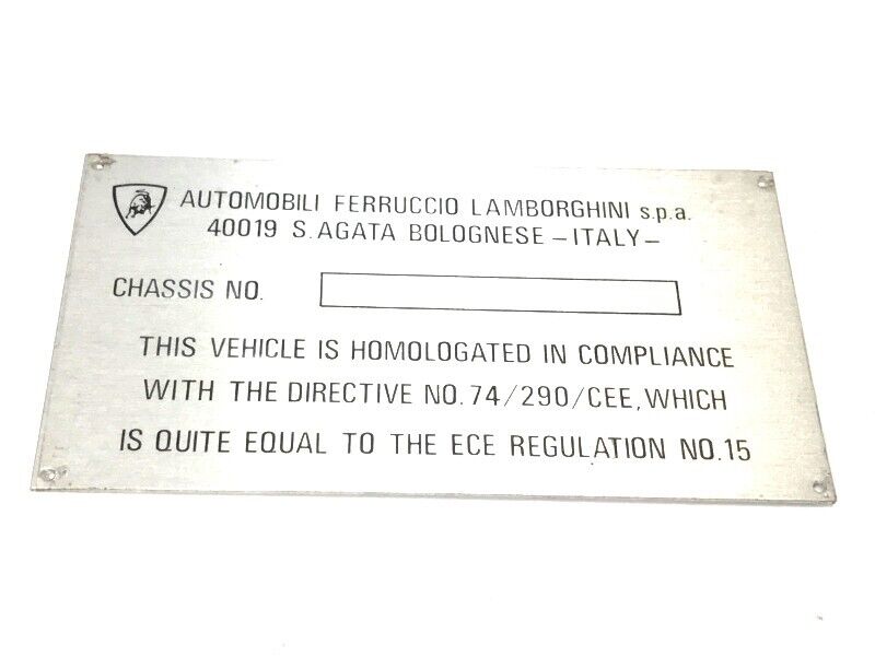 New OEM 1972-1979 Lamborghini Urraco Vehicle Homologation Chassis Plate