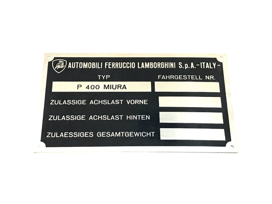 New OEM 1966-1973 Lamborghini Miura P400 Chassis Axle Load Data Plate