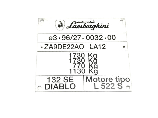 New OEM 1994-1995 Lamborghini Diablo SE Vehicle Axle Load Weight Plate