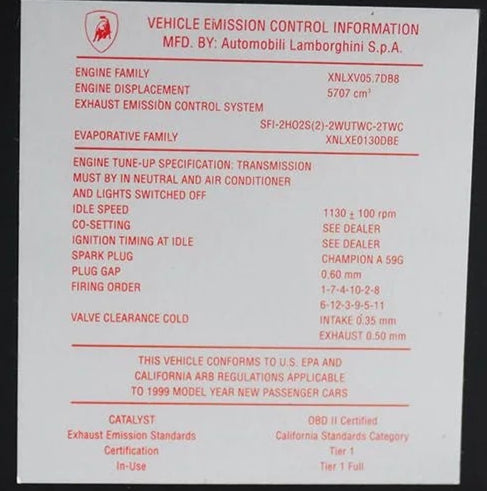 New OEM 1999 Lamborghini Diablo (USA) Engine Tune-Up Ignition Firing Order Label