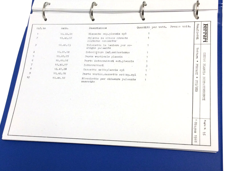 OEM 1965 Ferrari 275 GTB Parts Illustration Manual