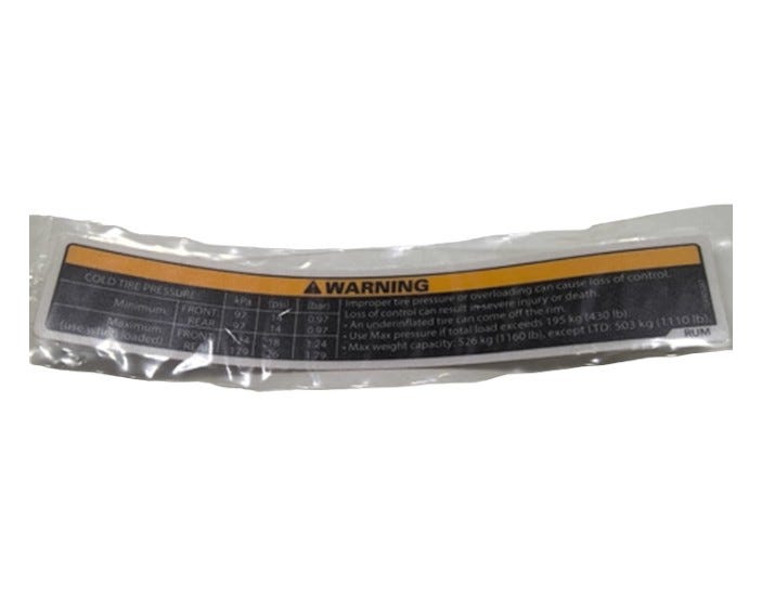 New OEM Genuine Bombardier Recreational Products, Warning Label Tire Pressu - Part # 704905287