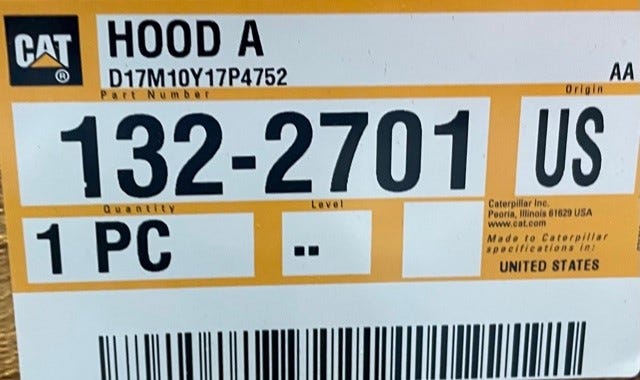 New OEM Genuine Caterpillar, Hood A - Part # 1322701