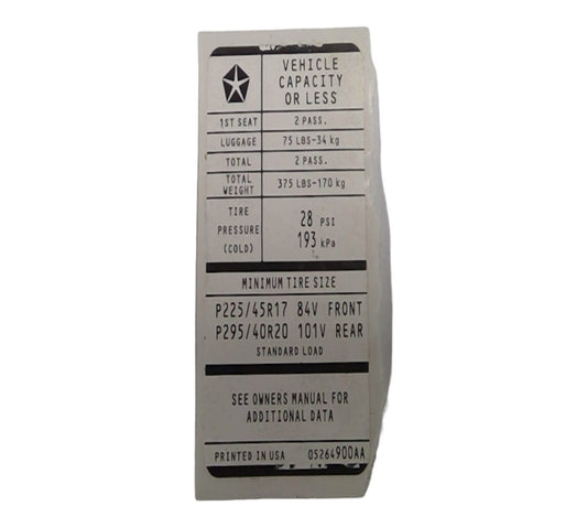 New 2001-2002 Fits Chrysler Prowler Label-Tire Pressure - Part # 5264900AA
