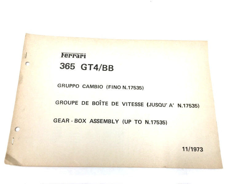 OEM 1974 Ferrari 365 GT4 BB Mechanical Parts Catalog Gearbox Insert, Cat. # 11/1973