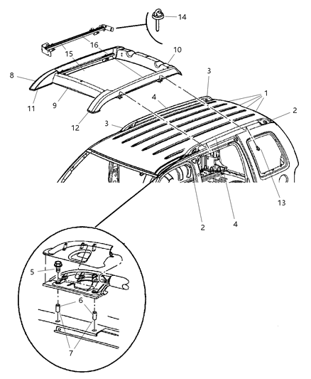 New 2002-2004 Fits Chrysler Liberty Side Rail-Roof Basket - Part # 55156586AC