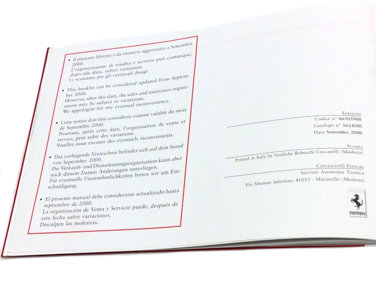 New OEM 2000 Ferrari Enzo Sales & Service Manual Handbook Cat. # 1614/00