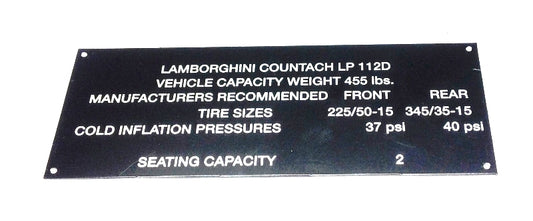 New OEM 1974-1989 Lamborghini Countach LP112D Tyre Data Manufacturer Plate