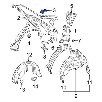 New OEM Left Inner Quarter Panel Reinforcement Bracket Fits, 2002-2006 Lexus ES - Part # 6162633050