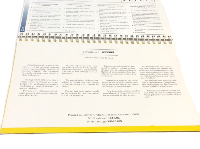 New OEM Ferrari F355 Spider Europe Owners Handbook Operating Manual, Cat # 1015/95