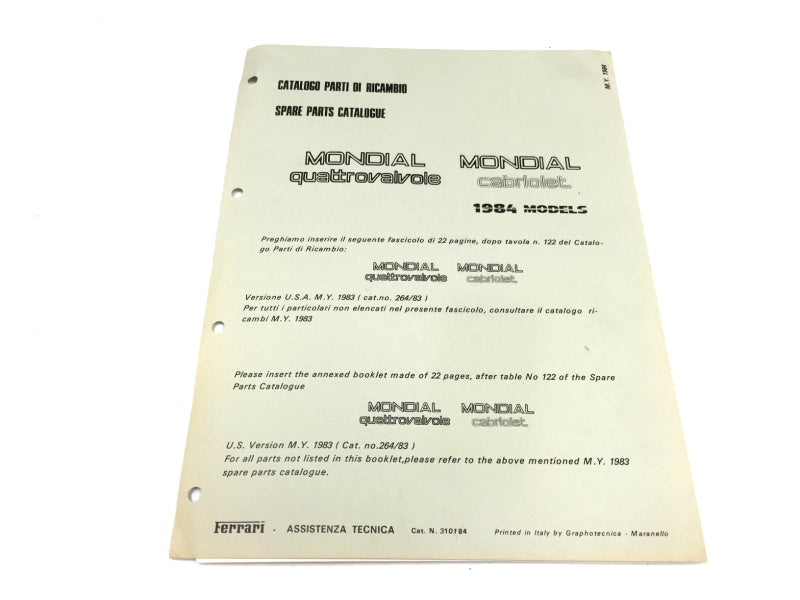New OEM 1983 Ferrari Mondial QV USA Spec Parts Update Manual Inserts – Cat. #310/84
