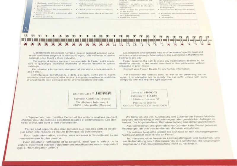 New OEM 1997 Ferrari F355 Europe Owners Handbook Operating Manual 1st Ed, Cat # 1144/96