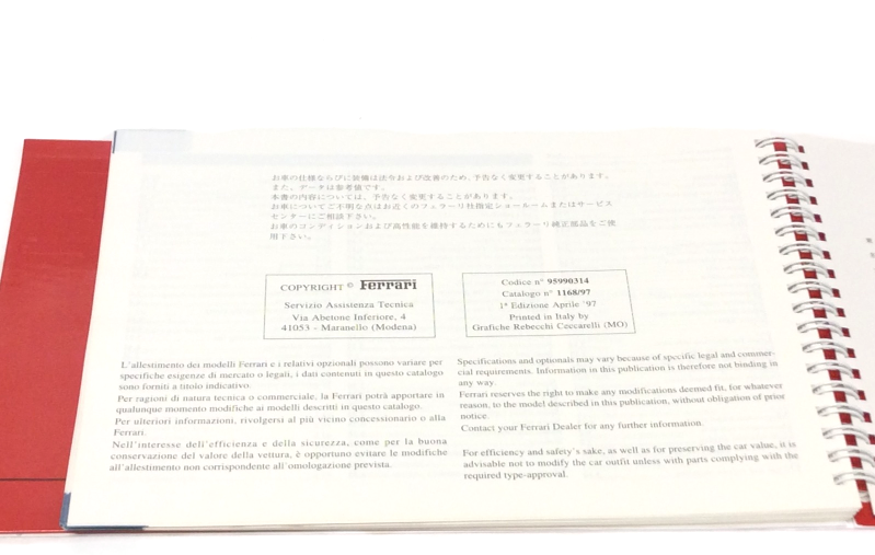 New OEM 1997 Ferrari 550 Maranello Japanese Version Owners Handbook Manual Cat. 1168/97