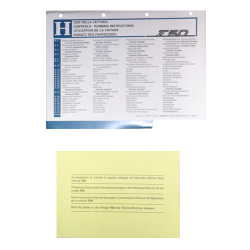 New OEM Ferrari F50 Workshop Manual Insert Section H Controls and Running Instruction, Cat # 1028/95