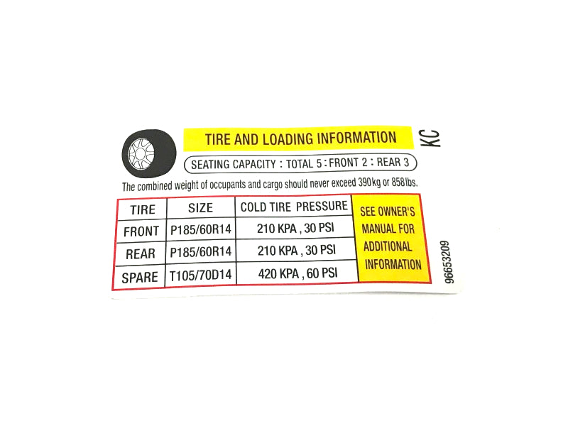 New OEM 2007-2008 Chevrolet Aveo Tire Info Label, Part # 96653209