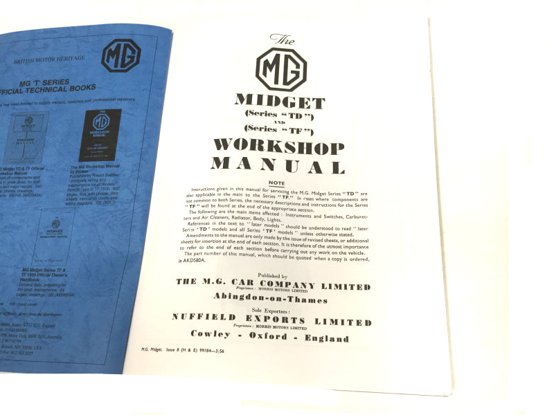 New OEM MG Midget TD & TF Workshop Manual - Book AKD580A