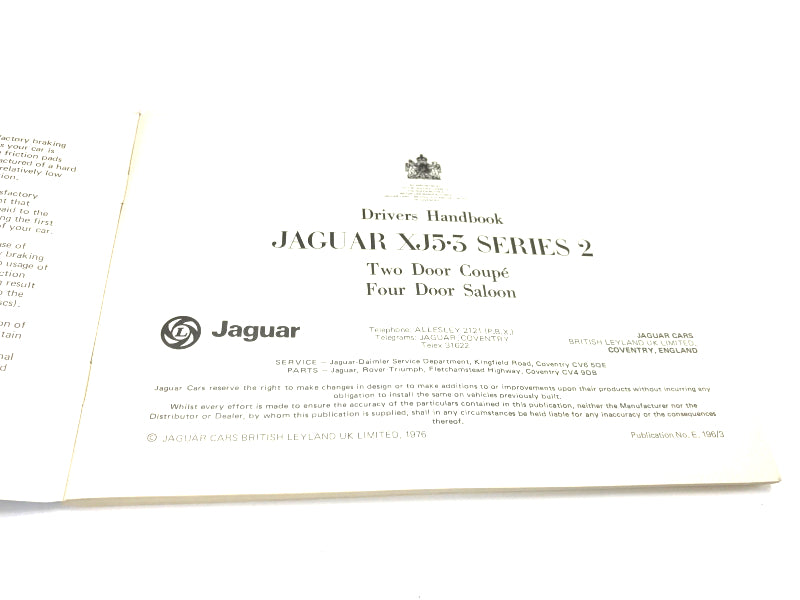 New OEM 1977-1979 Jaguar XJ5.3 Owners Manual E.196/3