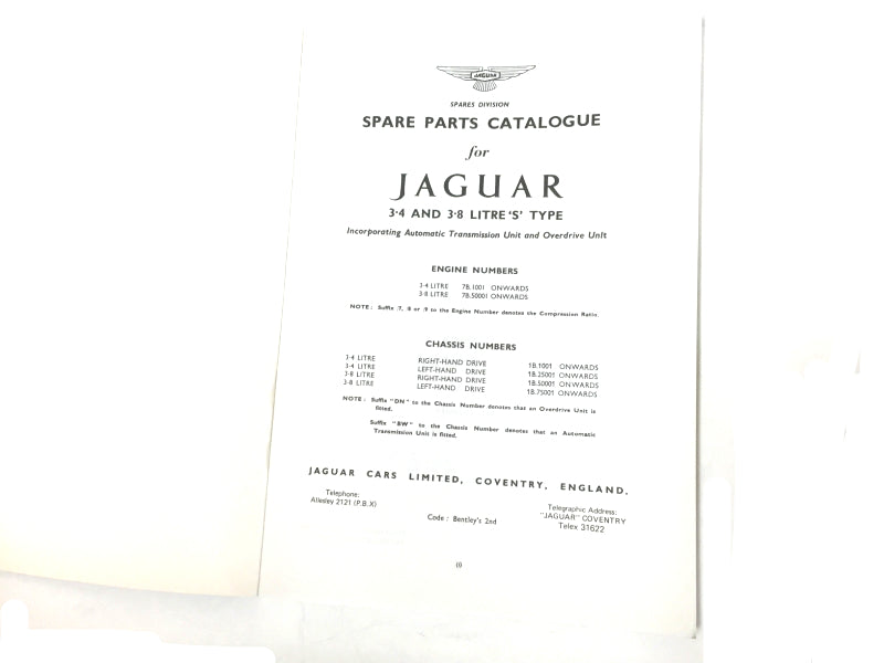 New Jaguar Spare Parts Catalogue For Jaguar 3.4 ‘S’ And 3.8 ‘S’