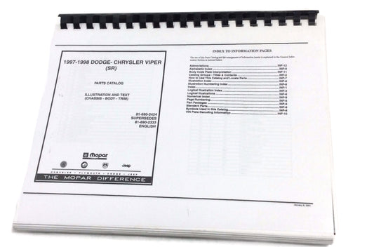 New 1997-1998 For Dodge Viper Parts & Illustrations Manual, Spiral Bound