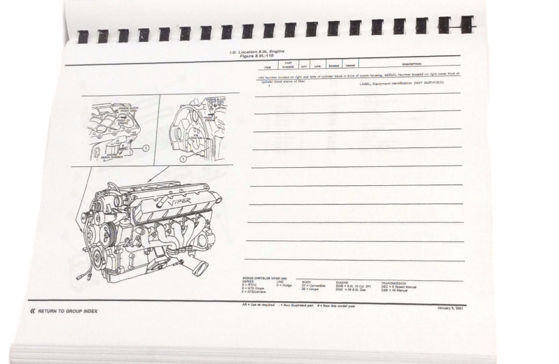 New 1997-1998 For Dodge Viper Parts & Illustrations Manual, Spiral Bound