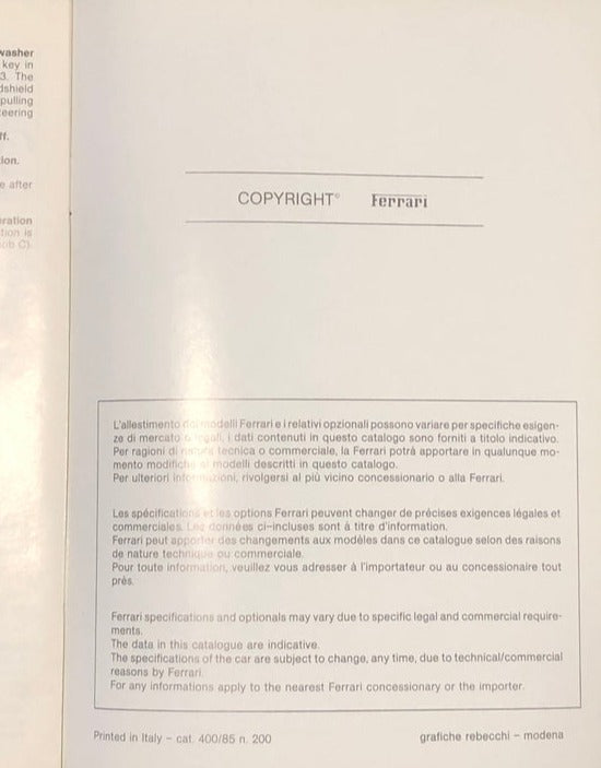 New OEM 1985 Ferrari 412 Temporary Instruction Book Manual, Cat # 400/85