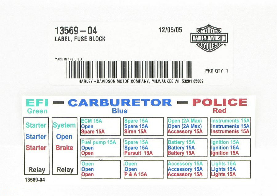 New OEM Genuine Harley-Davidson Label Decal Fuse Block, 13569-04