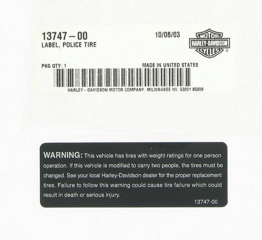 New OEM Genuine Harley-Davidson Label Police Tire, 13747-00