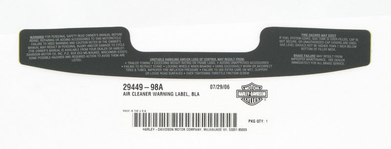 New OEM Genuine Harley-Davidson Air Cleaner Warning Label, 29449-98A
