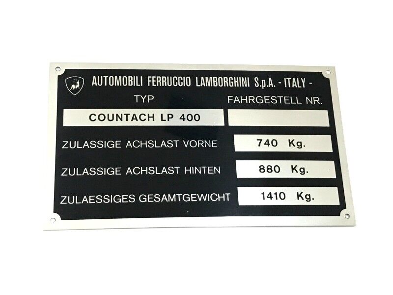 New OEM 1974-1978 Lamborghini Countach LP400 Vehicle Manufacturer Tire Load Plate