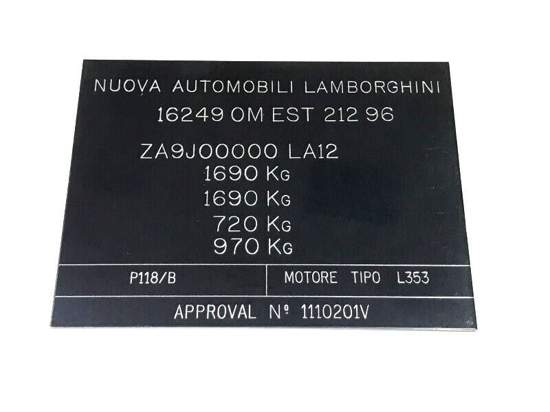 New OEM 1981-1988 Lamborghini Jalpa P118/B Vehicle Manufacturer Weight Plate Black