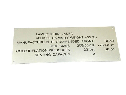 New OEM 81-88 Lamborghini Jalpa Vehicle Manufacturer Tire Load Plate Silver