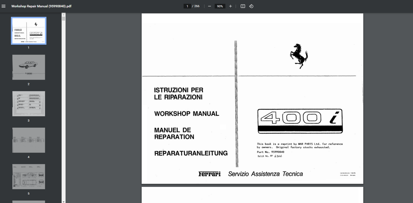 Ferrari 400i Workshop & Illustrations Technical Repair Manual 95990840