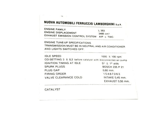 New  81-88 Lamborghini Jalpa Emission Service Tune-up Label Sticker