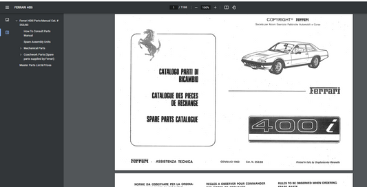 Ferrari 400i Parts & Illustrations Manual 95990241