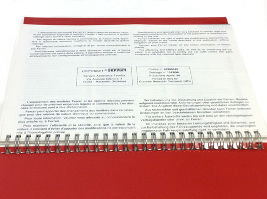 New OEM Ferrari 456M Owners Manual Handbook Cat. 1313/98
