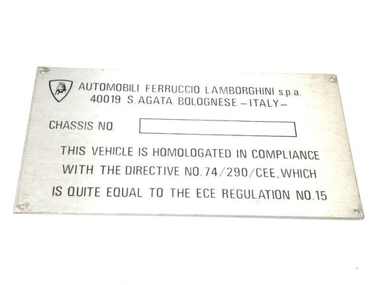 New OEM 72-79 Lamborghini Urraco Vehicle Homologation Chassis Plate