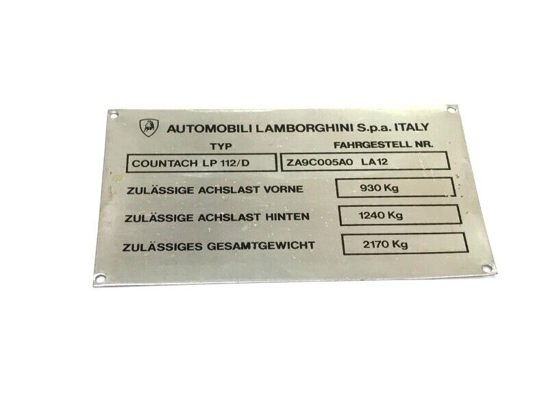 New OEM 1974-1989 Lamborghini Countach LP 112/D Vehicle Axle Load Weight Plate